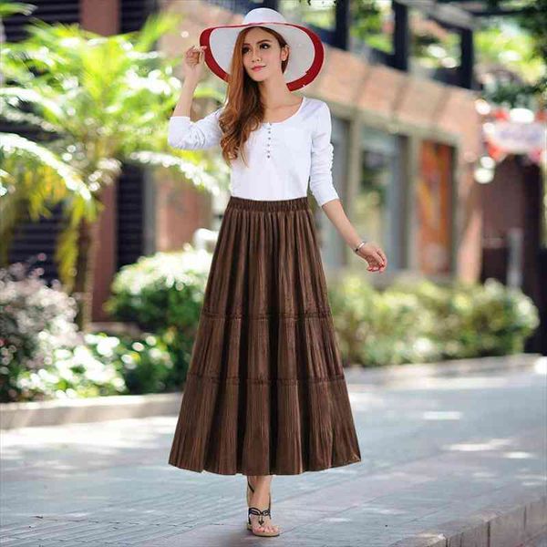 

solid color female vintage long velvet pleated skirt women autumn winter elegant fashion ladies high waist a line skirt, Black