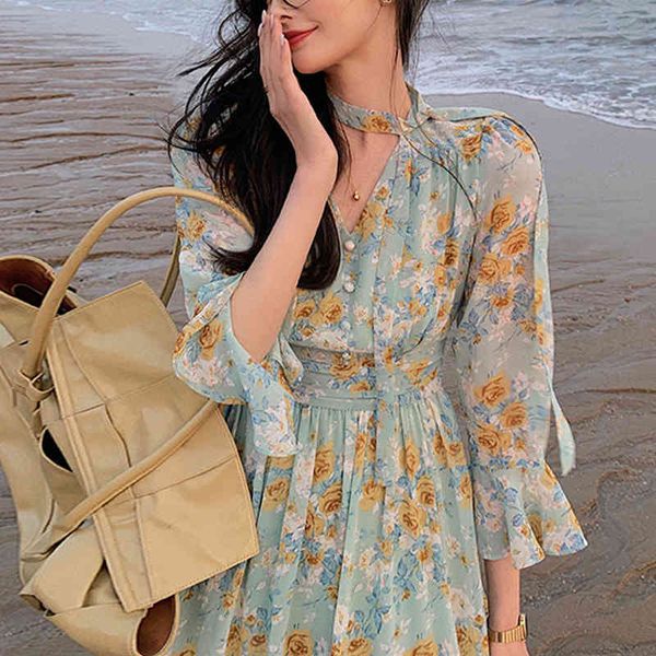 

dresses 2021 summer vintage midi women casual design elegant floral strap female beach one piece dress korean offpce lady, Black;gray