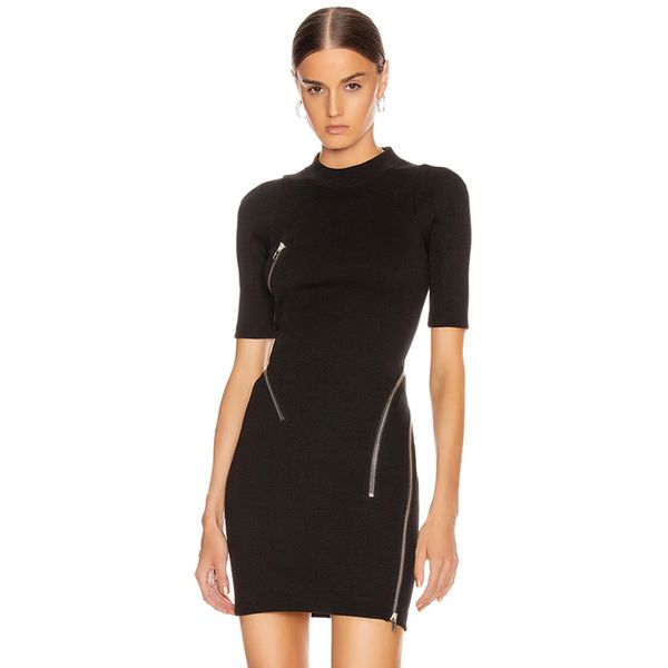 

summer women bandage dress short sleeve asymmetric zipper black vestidos celebrity evening party 210423, Black;gray