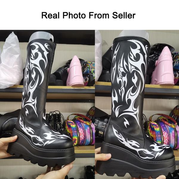 

ins laides goth platform high wedges punk mid calf boots thick heel flame cool black zipper shoes women big size 432804