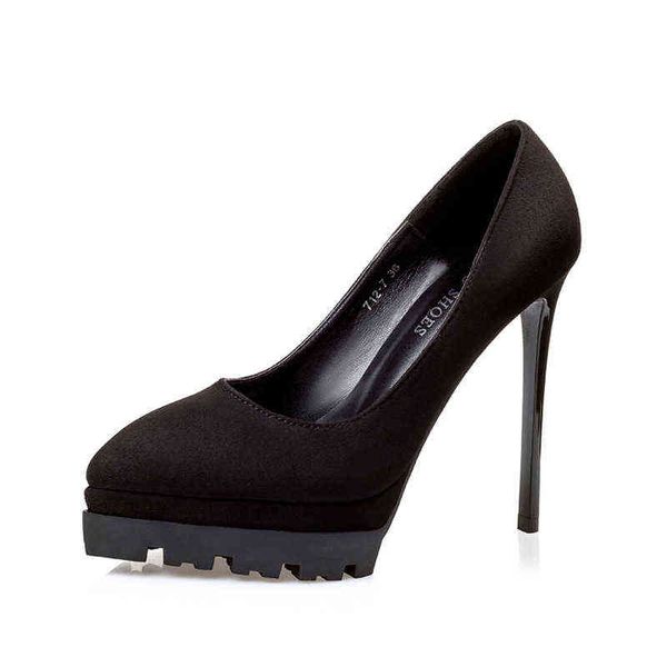 

dress shoes fashion women's high heels shallow office new arrival solid flock platform pointed toe women pumps super 220303, Black