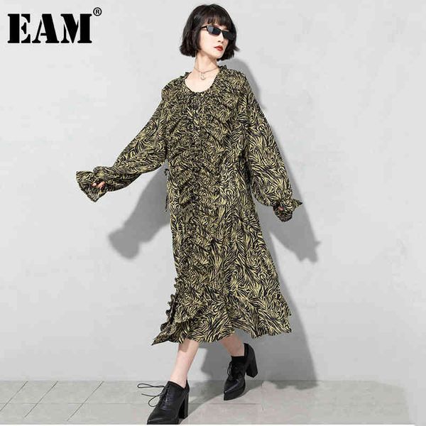 

[eam] women wave point ruffles irregular long big size dress round neck long sleeve loose fashion spring autumn 1dd6721 21512, Black;gray