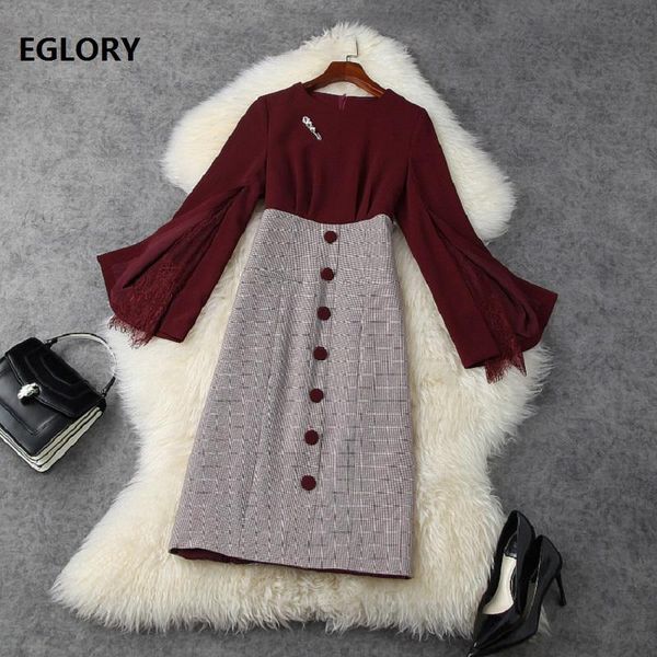 

casual dresses one piece dress 2021 early spring fashion style women o-neck vintage print patchwork flare sleeve bodycon sheath ol, Black;gray