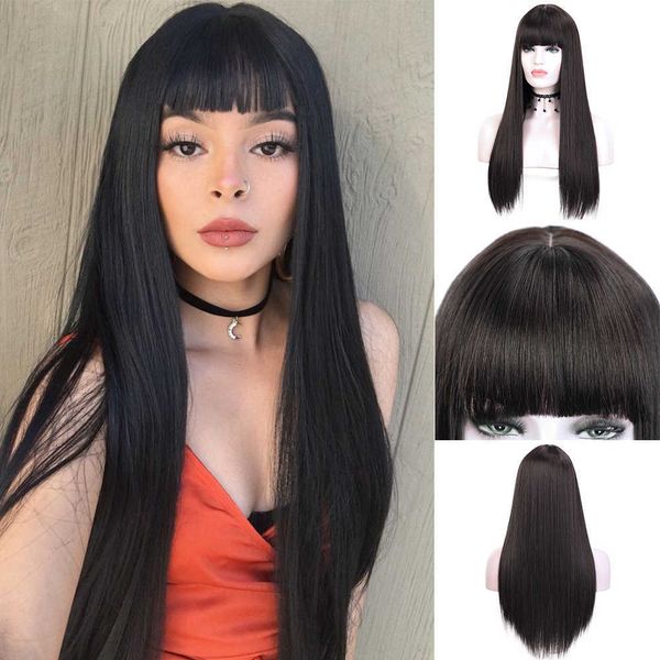 

lady long straight wig qi bangs chemical fiber high temperature wire wig headgear, Black