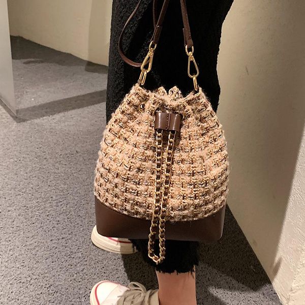 

evening bags drawstring bucket bag 2021 winter woolen cloth women's designer handbag color contrast shoulder messenger