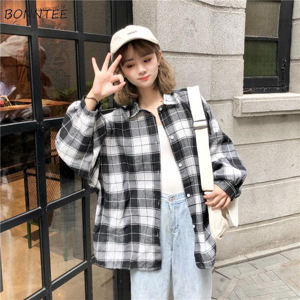 

women's blouses & shirts women korean spring students retro plaid loose batwing sleeve womens single breasted ladies simple comfortable, White
