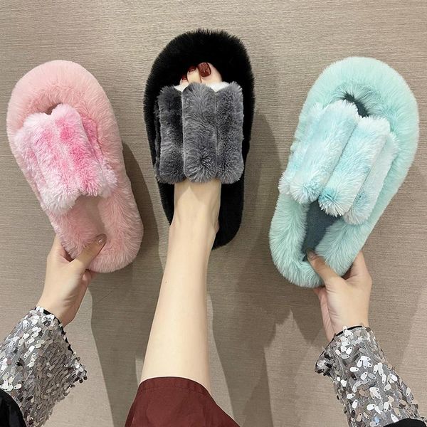 

slippers women fur cute plush soft luxurious indoor cotton 2021 winter faux warm ladies bedroom home, Black