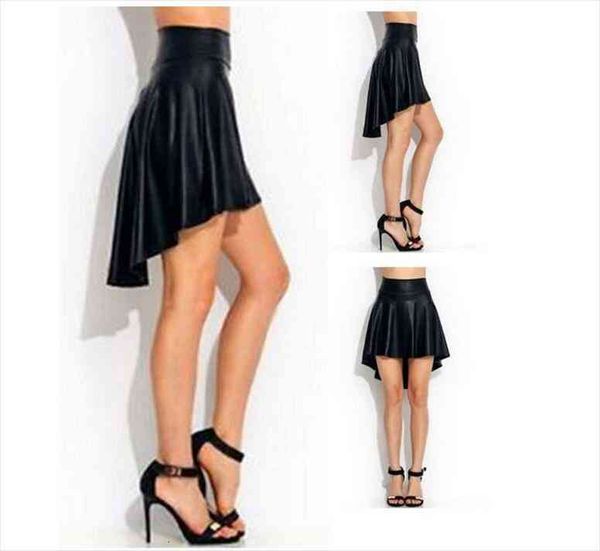 

design fashion model skirt irregular pu leather elasticity skirt, Black