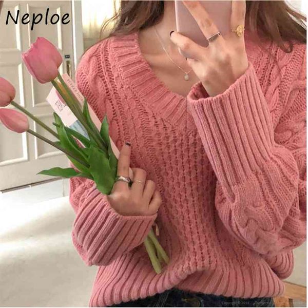 

korean style autumn sweater v neck thicken screw thread twist long sleeve pullovers fashion loose solid 210422, White;black