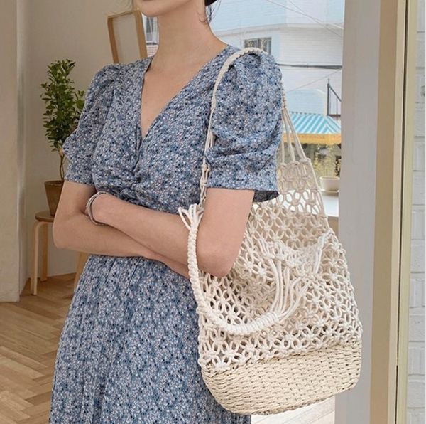 

bucket bag retro hollow straw fishing net woven beach leisure female bags
