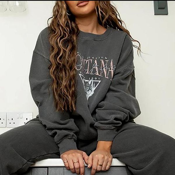 

women's hoodies & sweatshirts autumn women hoodie sweatshirt 2021 vintage casual loose letter wolf print long sleeve oversized hoody p, Black