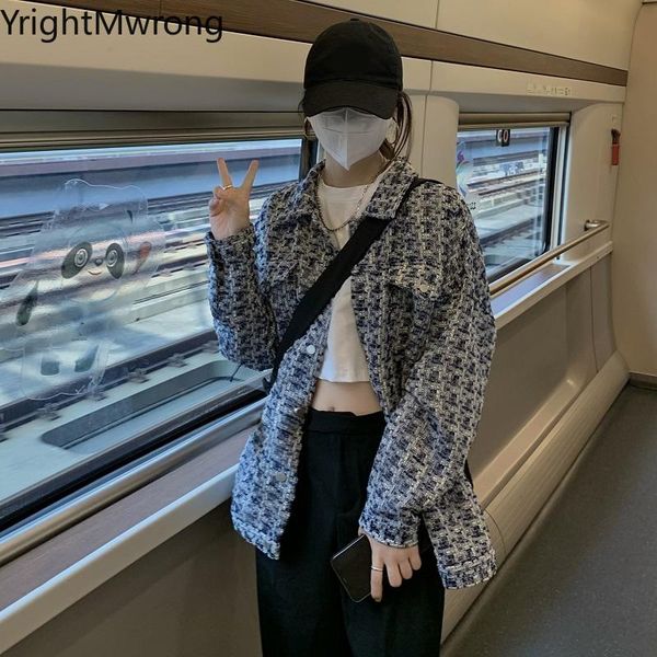 

women's jackets button up vintage lattice weave tweed plaid jacket fall korean clothes women coat ladies fashion boyfriend blusas outwe, Black;brown