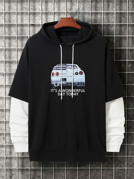 

men slogan & car print drawstring 2 in 1 hoodie 43kr#, Black
