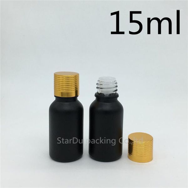 

10pcs 15ml black frosted glass bottle vials essential oil gold aluminum screw cover perfume storage bottles & jars