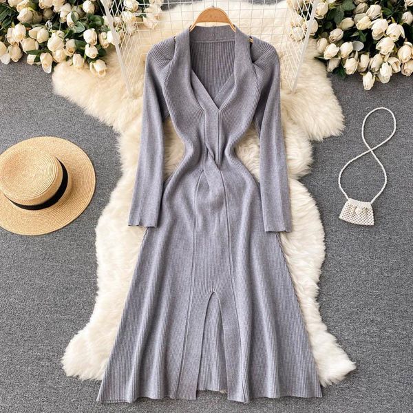 

casual dresses design long sleeve sweater dress women 2021 autumn fashion v-neck slim waist a-line midi calf female knit, Black;gray
