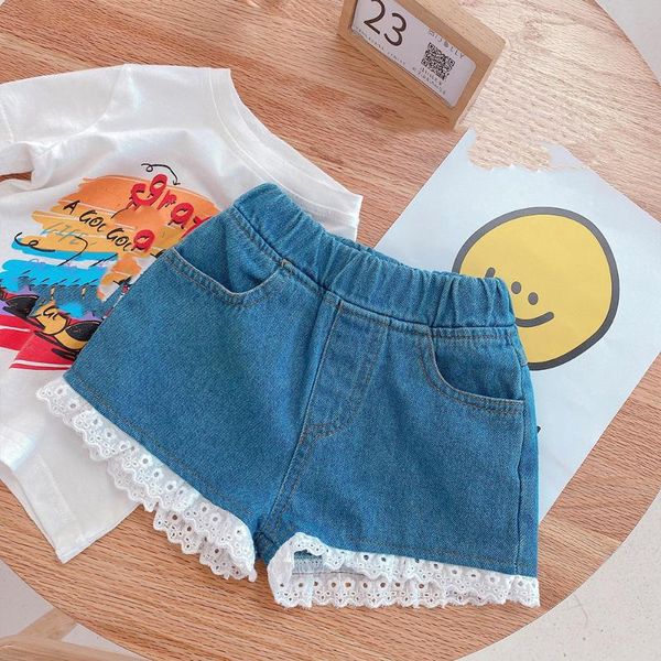 

korean style 2021 baby girls cute lace patchwork thin denim shorts summer children soft casual all-match, Black