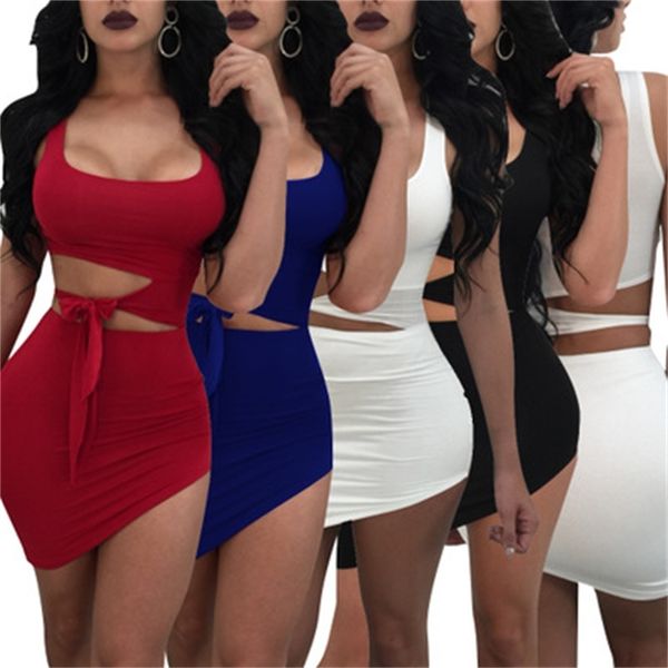 

women dresses design contracted high waist hollow out knot sleeveless solid color unregular mini dress, Black;gray