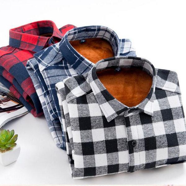 

men's casual shirts winter men long sleeve square collar plaid printed shirts,add wool upset breathable slim fit england style warm, White;black