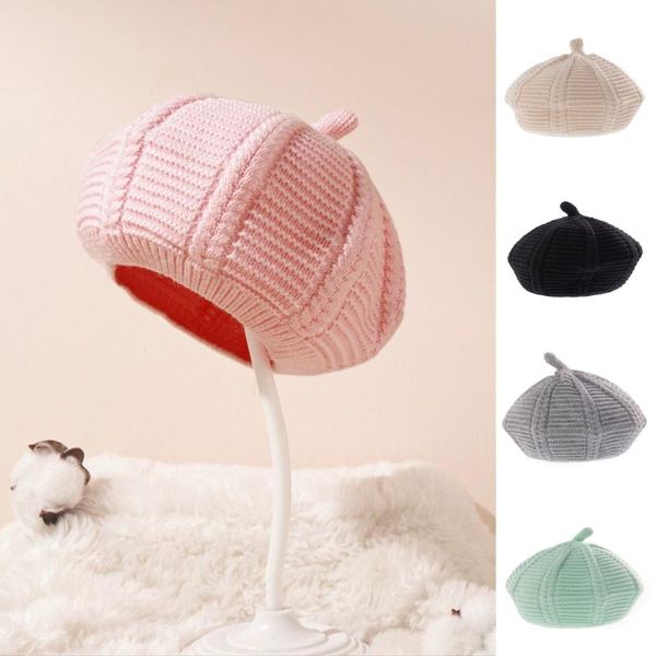 

berets children's fashion octagonal beret french style vintage hat plain cap girl's wool warm winter beanie hats 5 macaron colors, Blue;gray