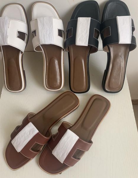 

classic fashion design womens sheepskin slipper ladies girl palm print leather flat sandals slides slide slippers beach shoes with box 35-41, Black