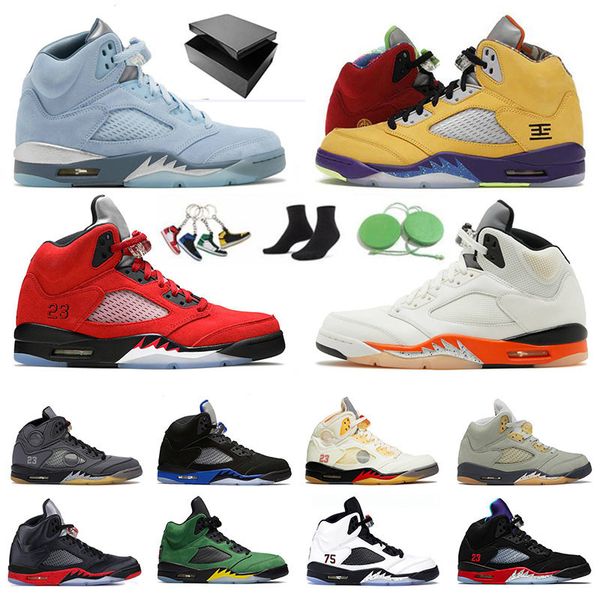 

shoes jumpman 5 5s basketball men authentic sports sneakers retro bluebird raging fire red hyper royal shattered