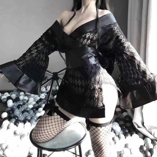 Sexy Cosplay Uniform Dark Japanische Kimono Erotische Kostüme für Frauen Robe Strickjacke Rollenspiel Netzgarn Schwarz 4 Stücke Dessous Set Y0913