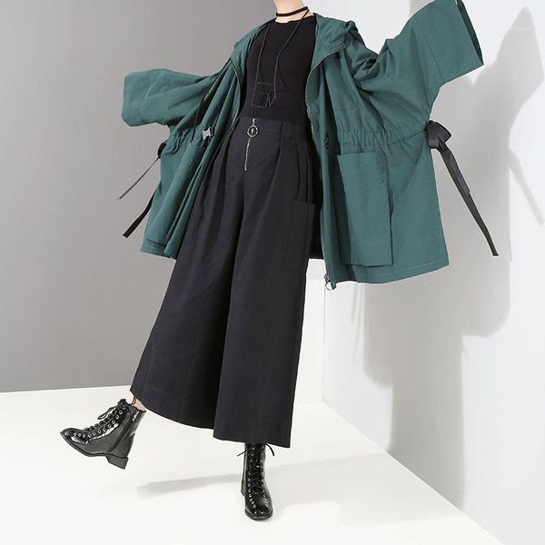 

women's trench coats fashion women long sleeve casual coat plus size hooded elastic waist big pockets female loose windbreaker, Tan;black