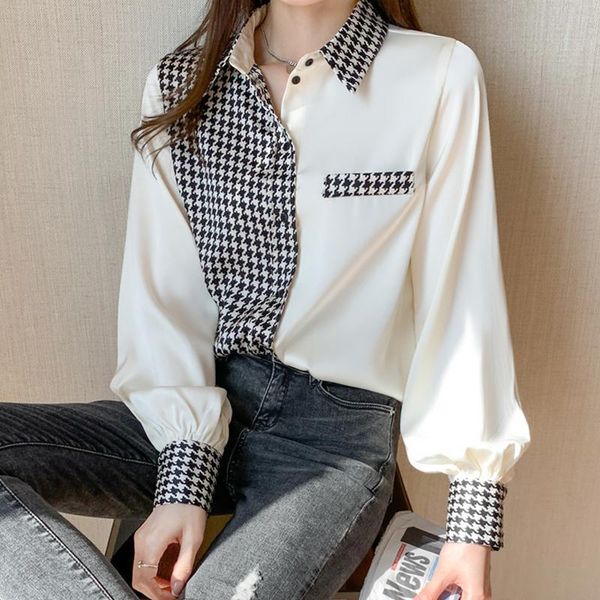 

women's blouses & shirts office lady plaid shirt women 2021 fashion elegant long sleeve houndstooth spliced blouse plus size clothing, White