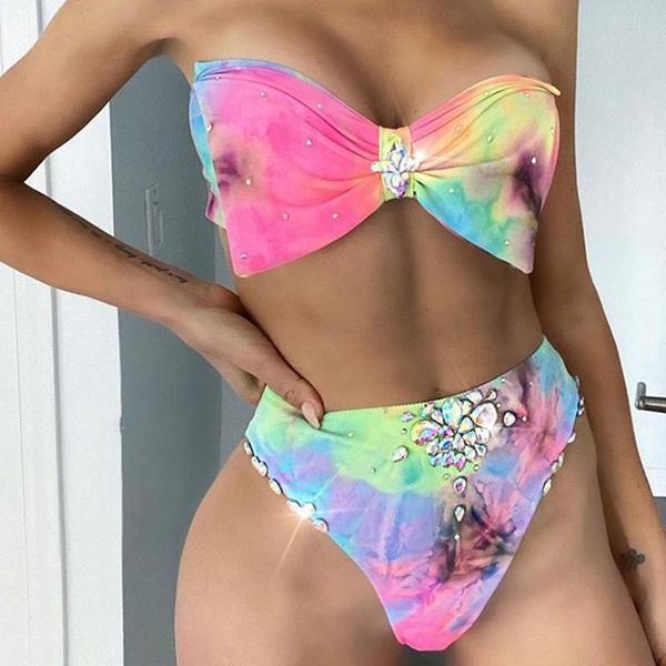

one-piece suits swimwear women high waist bikini 2021 diamond tie-dye bow tube split swimsuit bikinis brazilian swim swimming suit