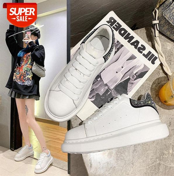 

the first layer of leather small white shoes women korean style thick-soled rhinestone round toe lace-up casual student women's #9b1j