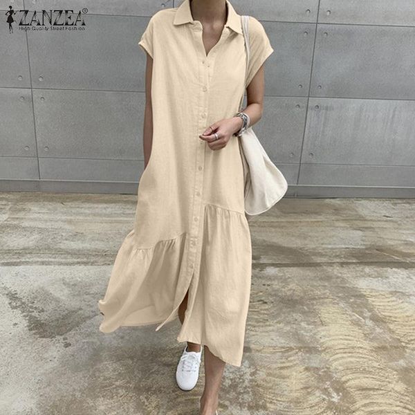 

casual dresses zanzea summer long shirt dress elegant women lapel neck short sleeve maxi vestido solid loose work sundress robe femme, Black;gray