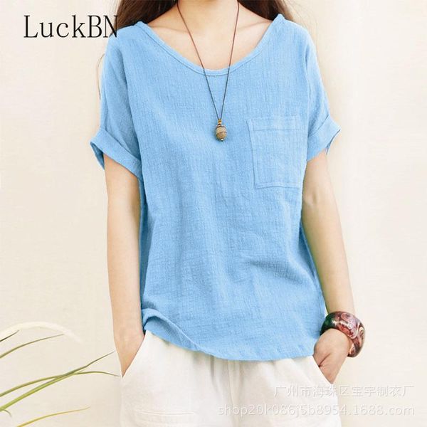 

women's blouses & shirts loose cotton linen blouse pink 5xl women clothing 2021 summer casual short sleeve o neck solid shirt lady, White