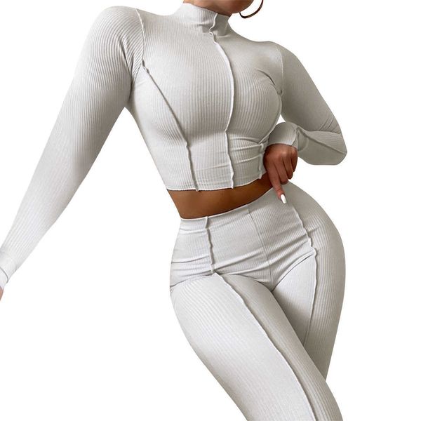 

women fall casual 2 two piece pants ribbed set knit sports jogging suit tracksuit outfits high waist slim fit women clothing s-xxl, White