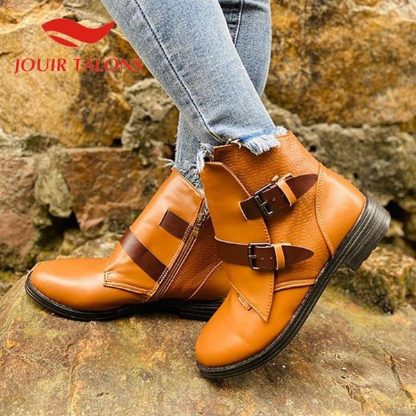 

boots jouir talons brand design women's shoes western round toe buckles zip low heels ankle booties, Black