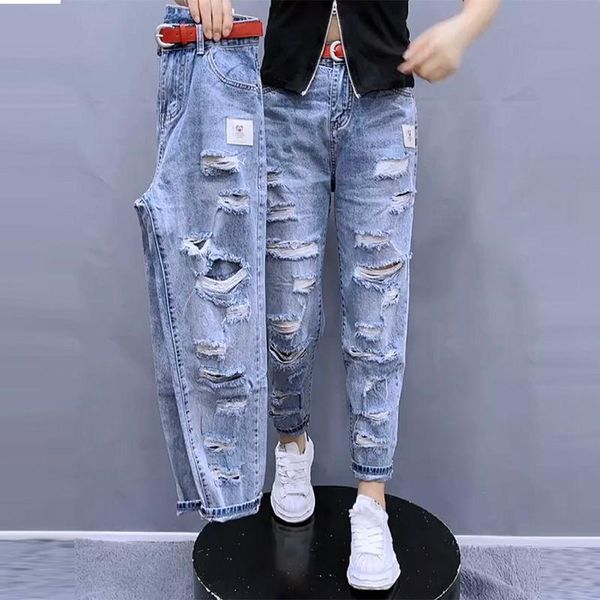 

women's jeans light blue ripped 2021 street style high waist loose and comfortable wearing pants