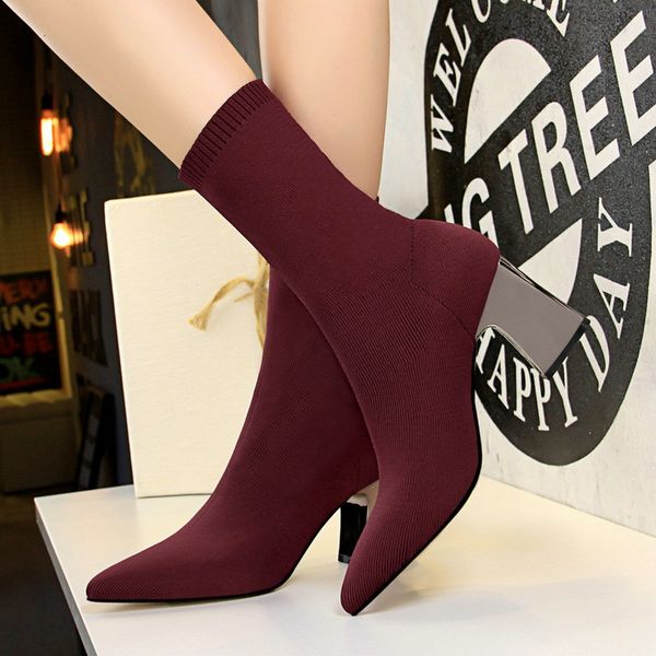 

boots pointed toe stretch sock women fashion high heel ankle length boots winter ladies shoes 336, Black