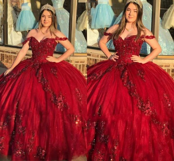 

dark red quinceanera dresses sequins beaded off the shoulder with handmade flowers tulle sweet 16 pageant ball gown custom made formal occas, Blue;red