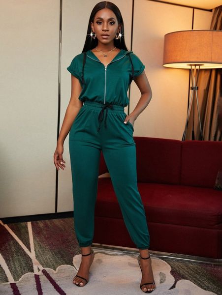 

sxy zip-up hooded drawstring waist jumpsuit d23p#, White