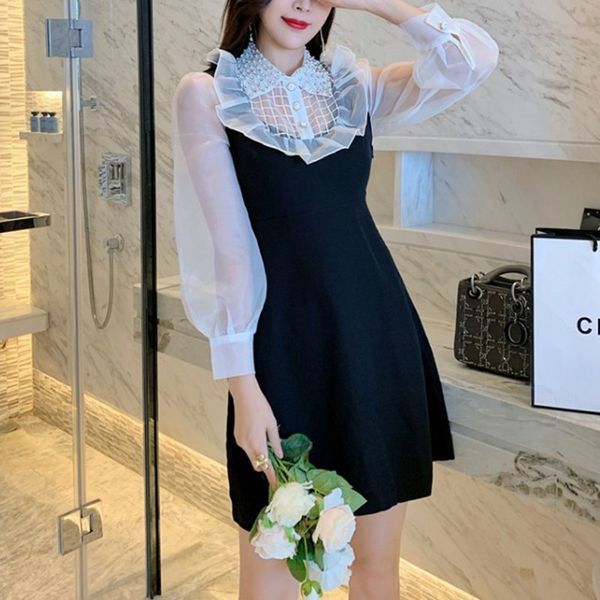 

zawfl women autumn dress elegant nail bead a-line vestidos solid puff sleeve empire turn down collar lace voile mesh dress 210525, Black;gray
