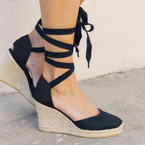 

spring rope wedge with light bottom strap ladies sandals summer high heel platform women plus size 40 41 42, Black