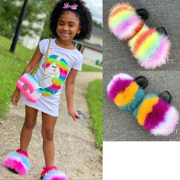 

summer kids fur slippers fluffy raccoon slides girls sandals toddler casual beach plush shoes rainbow slipper, Black;grey