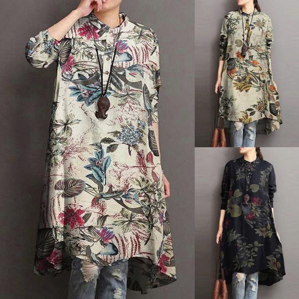 

casual dresses women vintage flower print dress lady long sleeve o neck button loose mid-length cotton and linen shirt vestido mujer #t2g, Black;gray