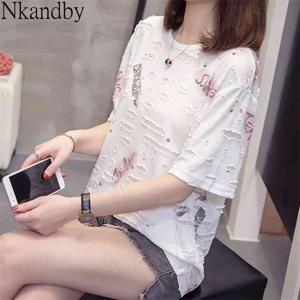 

plus size hole tees summer women fashion letter print loose t-shirt oversize hip hop short sleeve white korean tshirt 210401