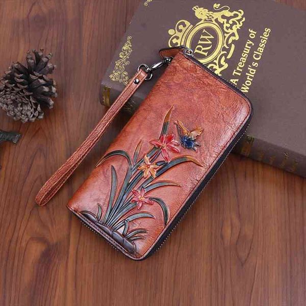 

women lady genuine leather wallet long clutch handy bag printing butterfly flower female card retro money clips purse, Red;black