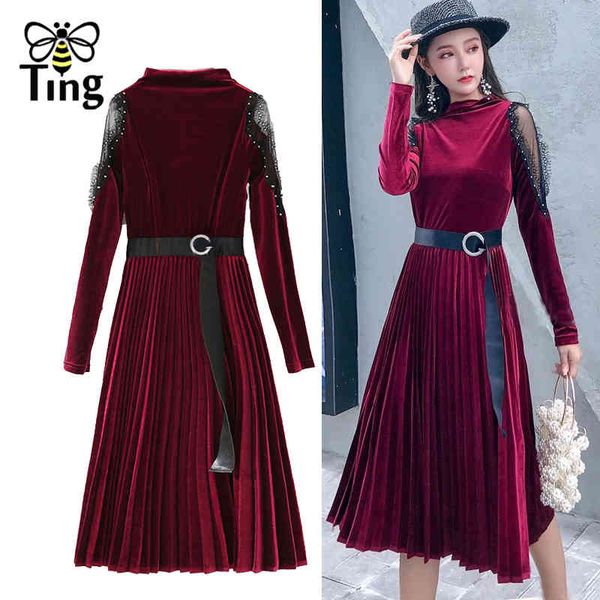 

women vintage elegant beading velvet midi length dress velour pleated with sashes plus size retro vestidos elbise 210513, Black;gray