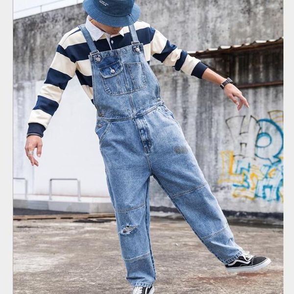 

men's jeans men baggy suspender pants fashion multi-pockets loose denim trousers jumpsuit bib pocket overalls j8e1, Blue