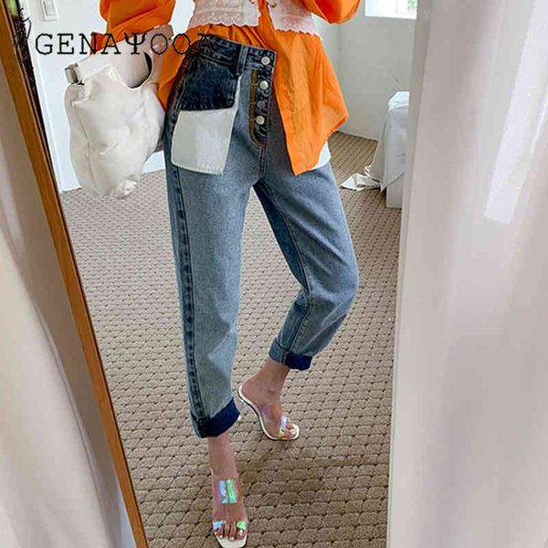 

genayooa woman cotton ladies vintage loose patchwork streetwear brand women boyfriends jeans high waist pants bedenim 210417, Blue