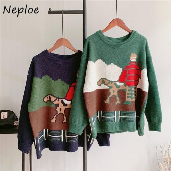 

neploe fun cartoon pattern femme knitted pullover 2021 autumn winter splicing sweater fashion sweet cute women 1f634 women's sweaters, White;black