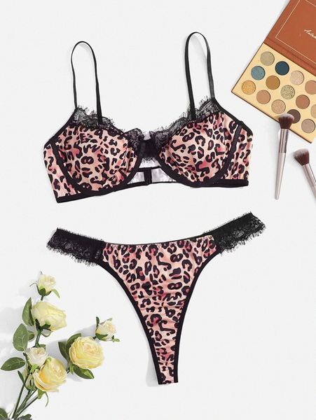

plus leopard contrast lace lingerie set n4la#, Black;white