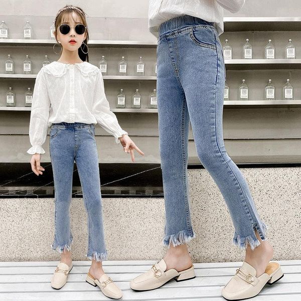 

jeans teenage girls 2021 spring summer casual fashion skinny blue kids tassel flare pants school children trousers 6 8 10 12yrs